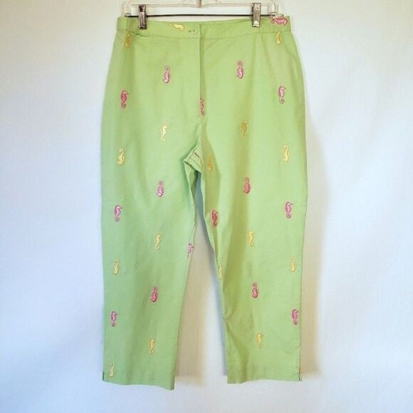 Lilly Pulitzer Vintage Lime Green Embroidered Seahorses Cropped Pants Size 10 - Picture 1 of 7